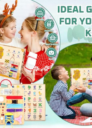 23 in 1 Busy Board Montessori Toys from 1 year Activity Board Wooden Toy With 15 Switches, 26 LED Lights, Motor Skills Toy for 1 2 3 year old boys and girls