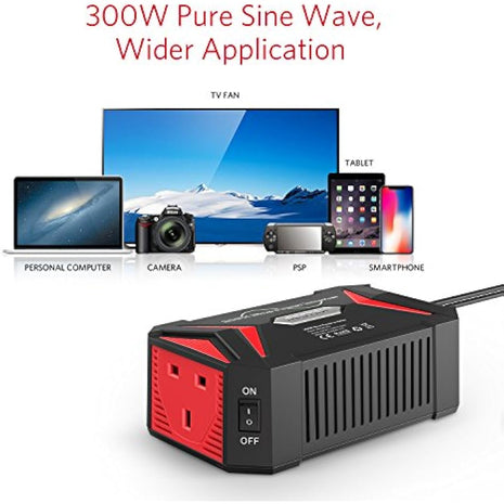 BESTEK 300W Pure Sine Wave Power Inverter 12V to 240V 230V with 4.8A Dual Smart USB Ports Car Adapter Charge Your Laptop iPad iPhone Tablet Consoles & More