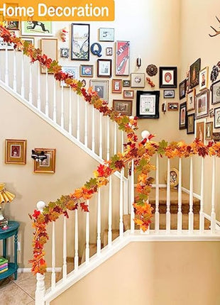 2 Pack Artificial Autumn Maple Leaves Vines Decorations, 5.9Ft/Piece Fall Leaf Garland Hanging Plant with Hooks, Thanksgiving Halloween Decor for House Garden Wall Doorway Fireplace Autumn Decoration