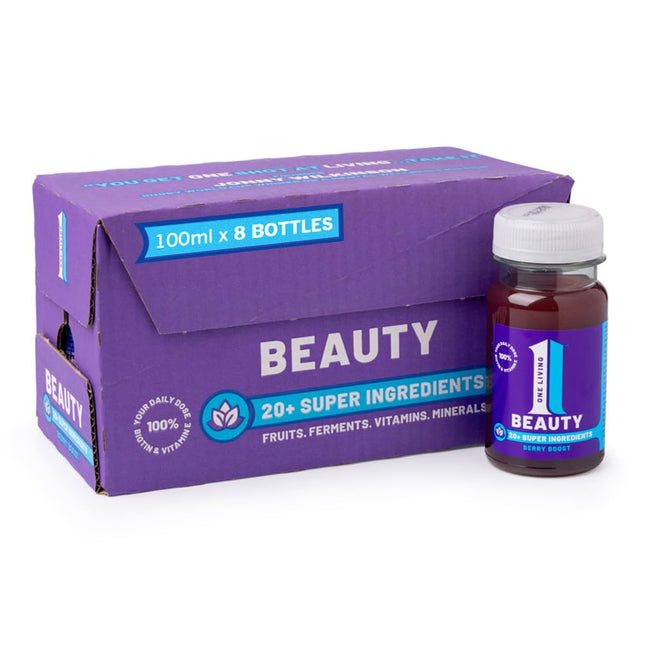 One Living - Beauty Health Shot Drink, Water Kefir, Berry Boost with Hyaluronic Acid & Biotin - All Natural Ingredients, 8 x 100ml, Vegan