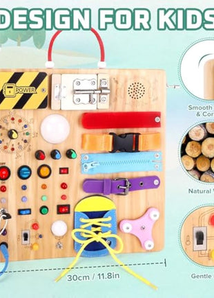 23 in 1 Busy Board Montessori Toys from 1 year Activity Board Wooden Toy With 15 Switches, 26 LED Lights, Motor Skills Toy for 1 2 3 year old boys and girls