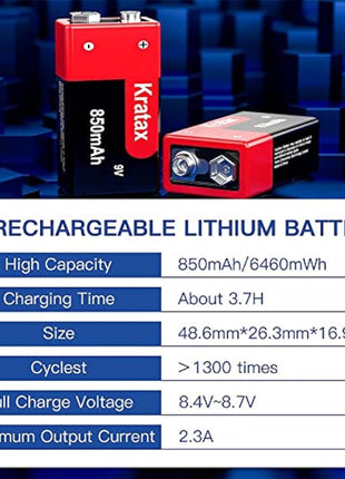 9V Rechargeable Li-ion Battery,Kratax 850mAh 9V Battery Rechargeable,2 Pack 9V Batteries with Protection Board for Smoke Detector Alarm,Fire Alarm,Multimeter,Radio Microphone,Kids Toys Battery