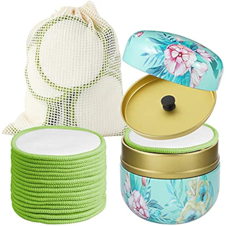 16Pcs Reusable Face Makeup Remover Pads 100% Organic Cotton Pads Cleaning Face Wipes Cloth Washable Face Round Cotton with Laundry Net Bag and Fashionable Metal Box Suit for Adults and Kids