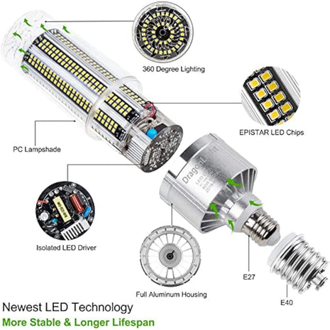 100W Super Bright LED Corn Light Bulb(700 Watt Equivalent) - E27/E40 Large Base LED Lamp - 5000K Daylight 12,000 Lumens for Large Area High Bay Lighting - Garage Warehouse Factory