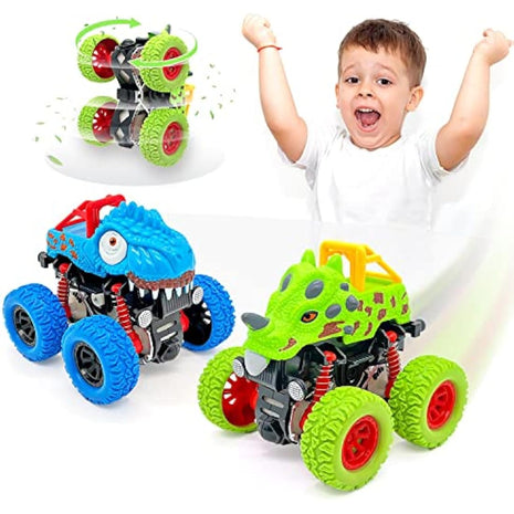 AESTEMON Car Toys for 2 Year Old Boy, 2-Pack Dinosaur Monster Truck Toy Cars for 2 3 Year Old Boys Gifts, Pull Back Friction Inertia Vehicles Birthday Gifts for Kids Toddler Boys Toys Age 2 3 4 5