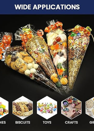 14x26cm Sweet Cone Bags with Twist Ties and Ribbons, 100Pcs Cellophane Crystal Clear Sweet bags, Triangle Sweet Party Cones Bags Perfect for Halloween, Christmas, Candies and many more