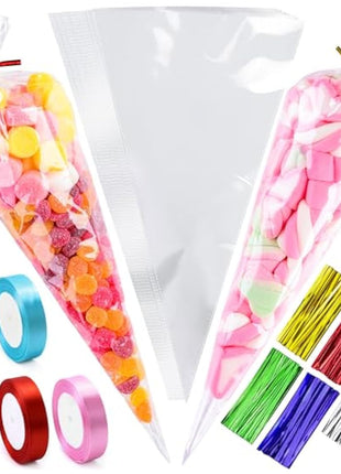 14x26cm Sweet Cone Bags with Twist Ties and Ribbons, 100Pcs Cellophane Crystal Clear Sweet bags, Triangle Sweet Party Cones Bags Perfect for Halloween, Christmas, Candies and many more