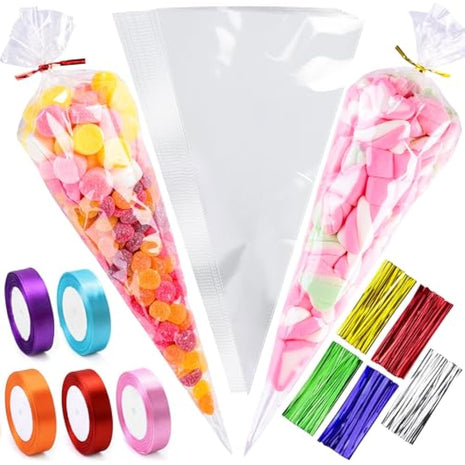14x26cm Sweet Cone Bags with Twist Ties and Ribbons, 100Pcs Cellophane Crystal Clear Sweet bags, Triangle Sweet Party Cones Bags Perfect for Halloween, Christmas, Candies and many more