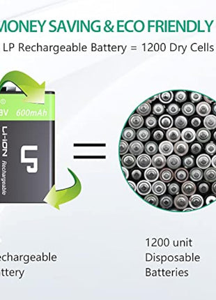 9V Rechargeable Battery Charger Pack, LP 4-Pack 600mAh 9 Volt Li-ion Batteries & 4-Bay Battery Charger for Alarms, Wireless Microphones, Smoke Detectors, Toys, Flashlights, Guitar, Keyboard & More