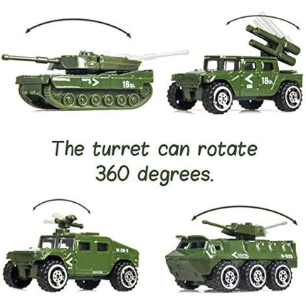 18 Pack Die-cast Military Vehicles Sets - 6 Pack Assorted Alloy Metal Models - 12 Pack Soldier Army Men, Mini Army Toy Tank, Panzer, Anti-Air Vehicle, Helicopter Playset for Boys
