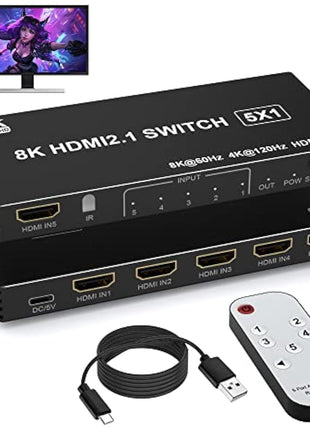 8K HDMI Switch 5 in 1 out HDMI Splitter with Remote, 5 Port Switcher for PS5 Xbox PS4 Roku PC TV