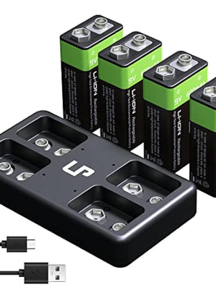 9V Rechargeable Battery Charger Pack, LP 4-Pack 600mAh 9 Volt Li-ion Batteries & 4-Bay Battery Charger for Alarms, Wireless Microphones, Smoke Detectors, Toys, Flashlights, Guitar, Keyboard & More