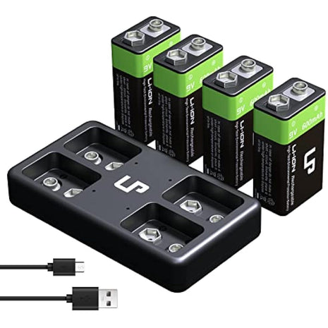 9V Rechargeable Battery Charger Pack, LP 4-Pack 600mAh 9 Volt Li-ion Batteries & 4-Bay Battery Charger for Alarms, Wireless Microphones, Smoke Detectors, Toys, Flashlights, Guitar, Keyboard & More