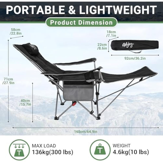 #WEJOY Camping Chairs Folding Recliner Chair Adjustable with Detachable Footrest Headrest Cup Holder Lightweight Portable Padded Reclining Camp Chair Fold Up Chair for Beach Garden,Black Set of 2