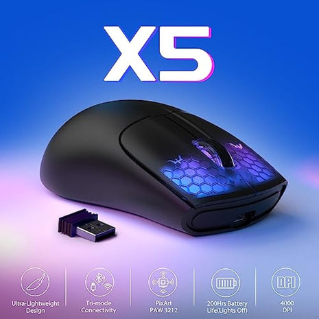 ATTACK SHARK X5 GPRO Superlight Wireless Gaming Mouse 49g,Tri-Mode Aerox Wireless Mice -Wired/2.4G/BT5.0,PAW3312 PixArt Optical Sensor,Up to 4000DPI,RGB Backlit with Long Battery Life for PC/MAC-Black
