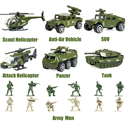 18 Pack Die-cast Military Vehicles Sets - 6 Pack Assorted Alloy Metal Models - 12 Pack Soldier Army Men, Mini Army Toy Tank, Panzer, Anti-Air Vehicle, Helicopter Playset for Boys