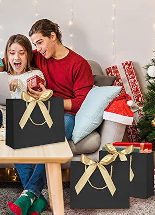 10pcs Gift Bag With Gold Ribbin Luxury Paper Party bag With Handles For Wedding Birthday Baby Shower Halloween Christams((32 * 25 * 10cm, Black)