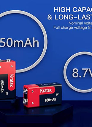 9V Rechargeable Li-ion Battery,Kratax 850mAh 9V Battery Rechargeable,2 Pack 9V Batteries with Protection Board for Smoke Detector Alarm,Fire Alarm,Multimeter,Radio Microphone,Kids Toys Battery
