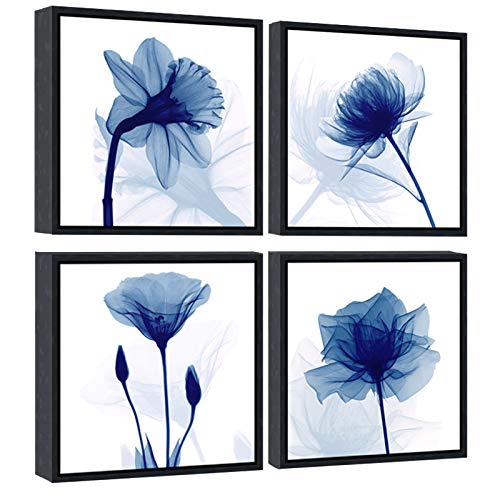 Wieco Art Black Framed 4 Panels Blue Flickering Flower Modern Canvas Wall Art Grace Floral Pictures on Canvas Prints for Bedroom Office Home