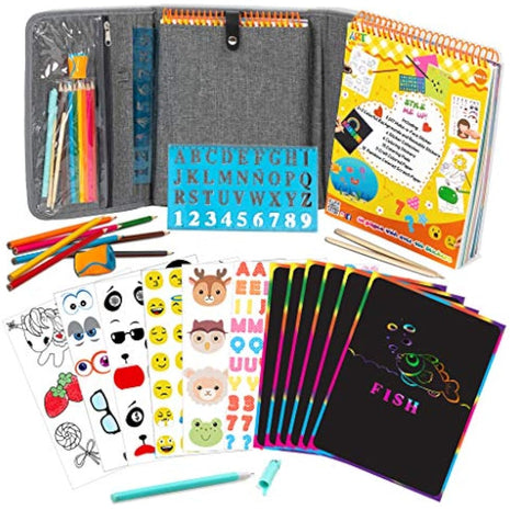 Activity Book for Girls and Boys - Premium Case Includes Large 60-page - 420 Stickers, Rainbow Scratch Papers, Reusable Stickers, Coloring Pencils, Numbers and Letters Stencil - Educational Toys Gift