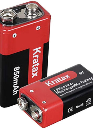 9V Rechargeable Li-ion Battery,Kratax 850mAh 9V Battery Rechargeable,2 Pack 9V Batteries with Protection Board for Smoke Detector Alarm,Fire Alarm,Multimeter,Radio Microphone,Kids Toys Battery
