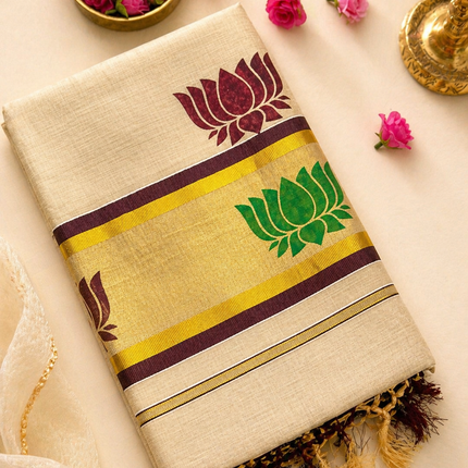 Premium Kerala Kasavu Saree – Off-White with Dual Lotus Motifs & Gold Border
