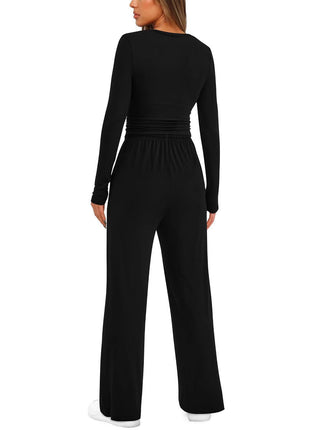 2 Pieces Women's Suit Autumn Winte Long Sleeve Tops High Waisted Wide Leg Pants Sportswear Female Clothes Solid Color Casual Suit