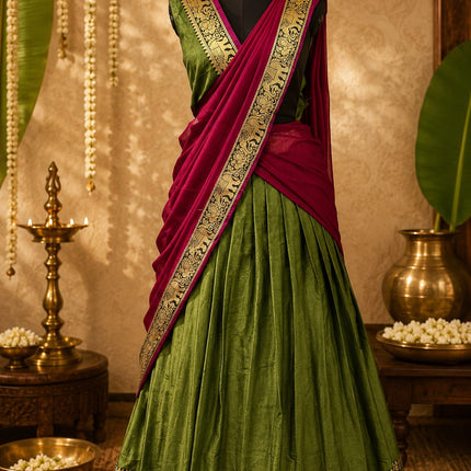 Olive Green Silk Half Saree Lehenga Set | Crimson Dupatta | Gold Zari Elephant Border | Unstitched Blouse | One Size