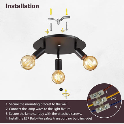 Lightsjoy 3-Way Rotatable Black Ceiling Spot Light – Vintage E27 Flush Mount