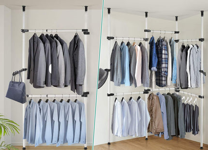 Telescopic Clothes Rack Heavy Duty Adjustable Rail with Hooks 8–10.8 ft