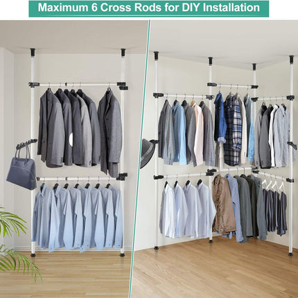Telescopic Clothes Rack Heavy Duty Adjustable Rail with Hooks 8–10.8 ft