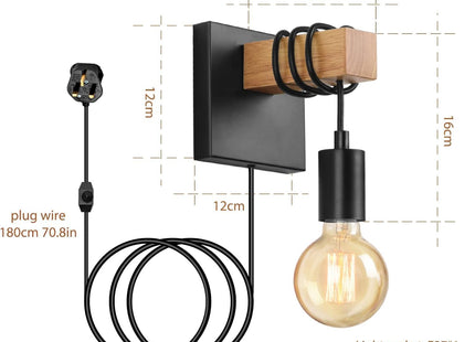 Lightess 2-Pack Plug-In Wall Lights – Dimmable Wood Sconces with Switch Black