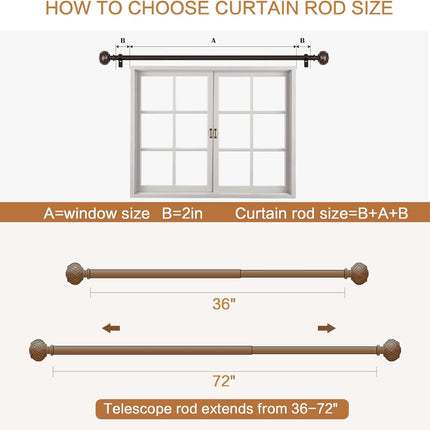 3pcs SZXIMU Curtain Pole 182-365cm (72-144''), Extendable, Netted Finials, Brown