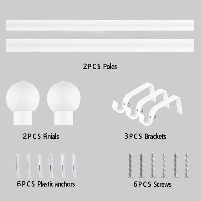 16/19mm Dia 120-210cm Extendable Curtain Pole Set, White, Ball Finials 48-84inch