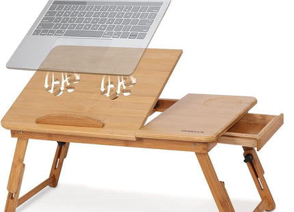 Bamboo Laptop Desk Adjustable Bed Tray with Drawer Cup Slot and Vent Ejoyous