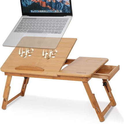 Bamboo Laptop Desk Adjustable Bed Tray with Drawer Cup Slot and Vent Ejoyous