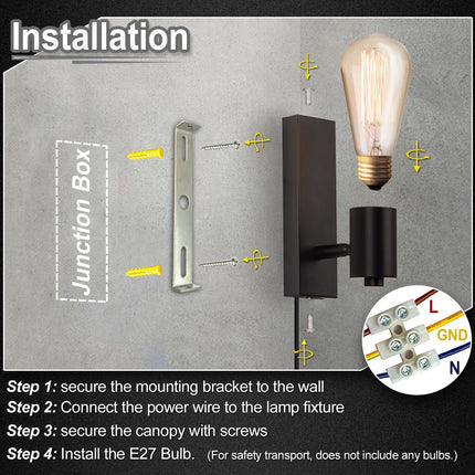 Lightsjoy 2-Pack Plug-In Wall Lights – Rotatable Black Industrial Sconces E27