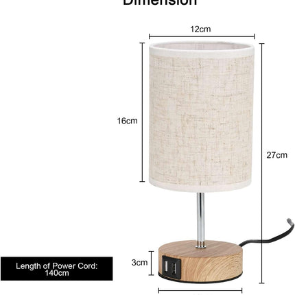 Lightess 2x Touch Bedside Lamps with USB, E14 Bulbs, Fabric Shade – Wood Round