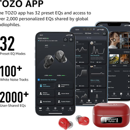 Hybrid Active Noise Cancelling Wireless Earbuds 59H Playtime IPX8 TOZO
