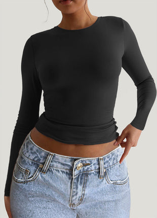 Chic Slim-fit Long-sleeve Solid-color Base T-shirt For Women