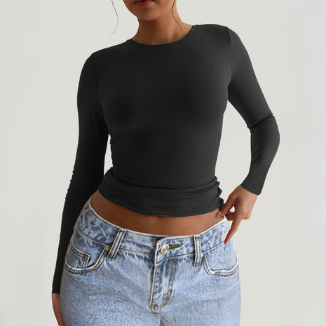 Chic Slim-fit Long-sleeve Solid-color Base T-shirt For Women