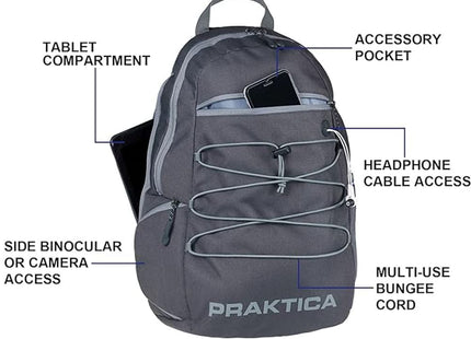 PRAKTICA All Weather Day 12L Backpack with Rain Cover & Binocular Pocket - Grey