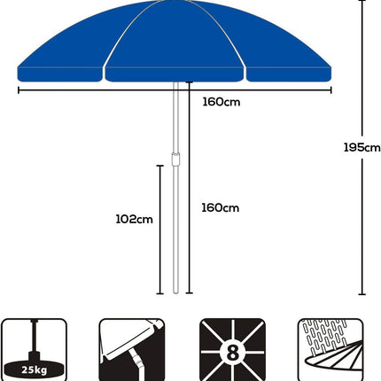 Tilting Beach Umbrella 1.6m UV20+ Portable Sun Shade Blue Sekey
