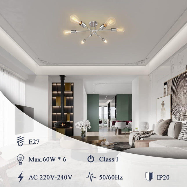 Sputnik Ceiling Light Chrome Metal 6 Light Semi Flush E27 Modern JHLBYL