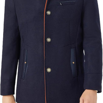 Mens Winter Wool Coat Thick Stand Collar With Scarf Navy Blue Size M, Biutimarden
