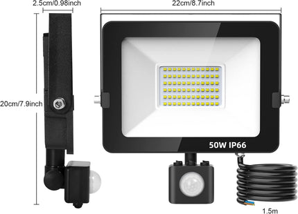 50W LED PIR Motion Sensor Outdoor Security Floodlight IP66 Waterproof 5000LM