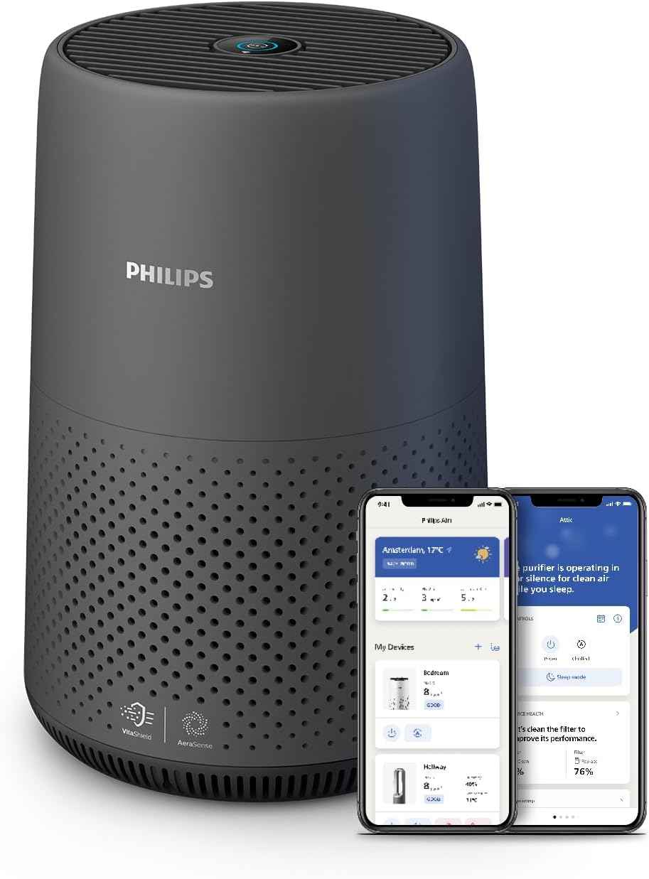 Philips 800i Series Compact Air Purifier, 49m2, HEPA & Activer Carbon Filter, Removes Up To 99,5% Of The Particles & Aerosols From The Air*(1), Connected with Air+ App, Dark Grey (AC0850/31)
