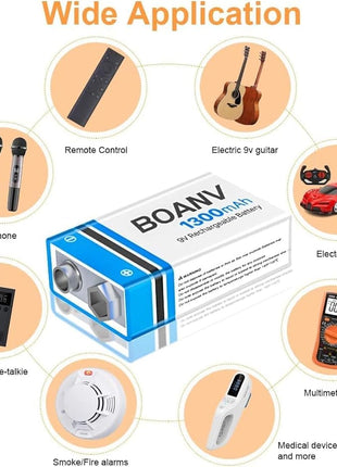 6 Pack 9V Rechargeable Batteries 1300mAh, 9V Rechargeable USB Lithium Long Lasting Battery, with 2 in 1 Charging Cable, for Smoke Detectors, Alarms, Keypad, Microphone