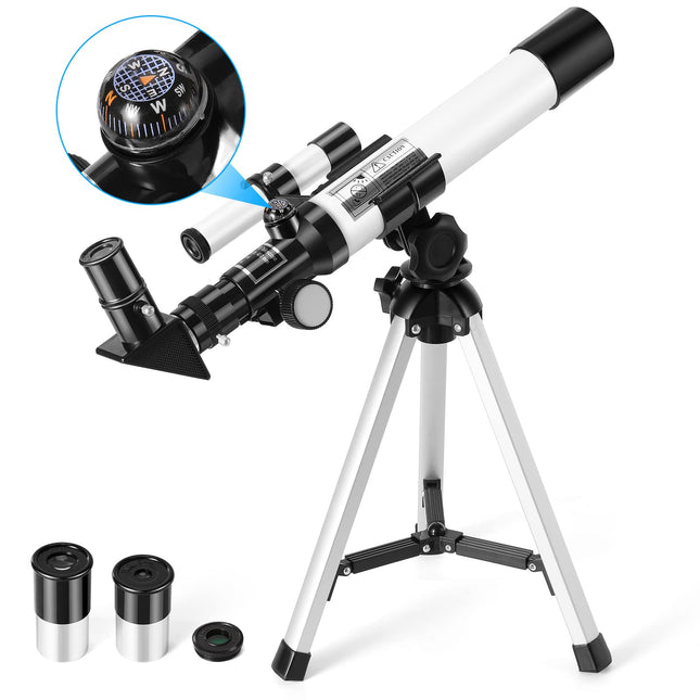 Telescope for Kids, Uverbon F40040 Astronomical Telescopes with Finder Scope Compass and Tripod Refractor Telescope for Kids and Beginners White