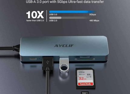 AYCLIF 6 in 1 Docking Station with 4K HDMI Output PD 100W USB 3.0 TF Card Reader